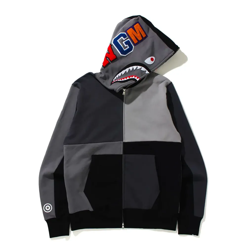 Bape Multi Color Patchwork Shark Full Zip Hoodie Gray|Plus Best