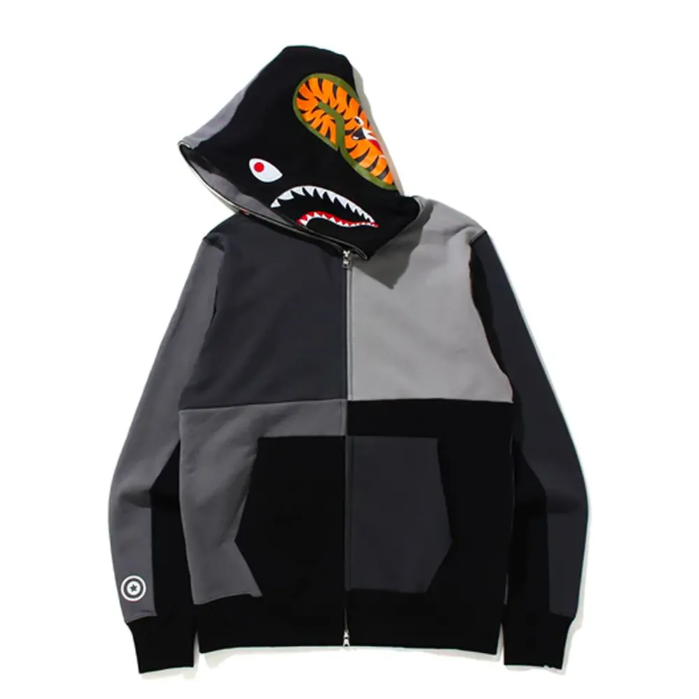 Bape Multi Color Patchwork Shark Full Zip Hoodie Gray|Plus Best
