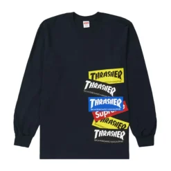Supreme Thrasher Multi Logo L/S Tee Navy ||Plus Fashion
